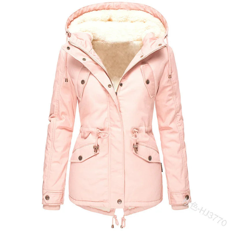 Women's Winter Jacket Warm Solid Plush Thickened Long Winter Coat Outdoor Hiking Hooded Casual Windproof Parka Coat Overcoat