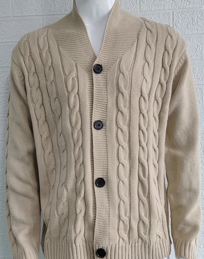 Autumn Winter Men's Warm Knitted Sweater Solid Single-breasted Twisted Texture Cardigan Lapel Slim Buttoned Thick Sweater Male