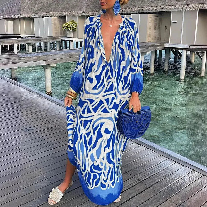 Women Maxi Dresses Summer Long Sleeve V-Neck Dress Fashion Printed Female Vacation Beach Long Dress Lady Elegant Loose  Robes