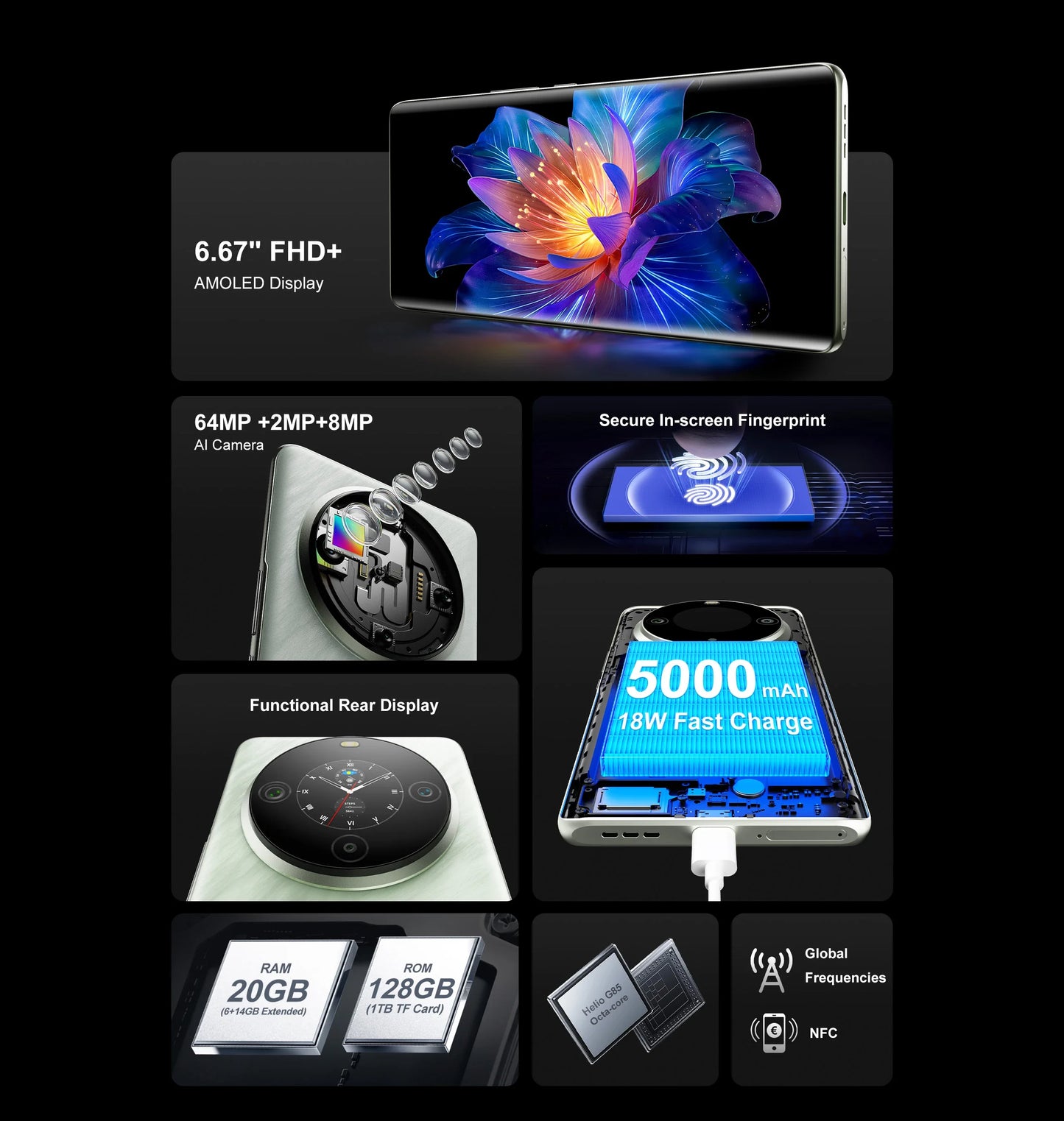 FOSSiBOT S3 PRO Smartphone 20GB +128GB 6.67" AMOLED Display Android 14  Mobile 8+64MP Camera NFC Cell Phone