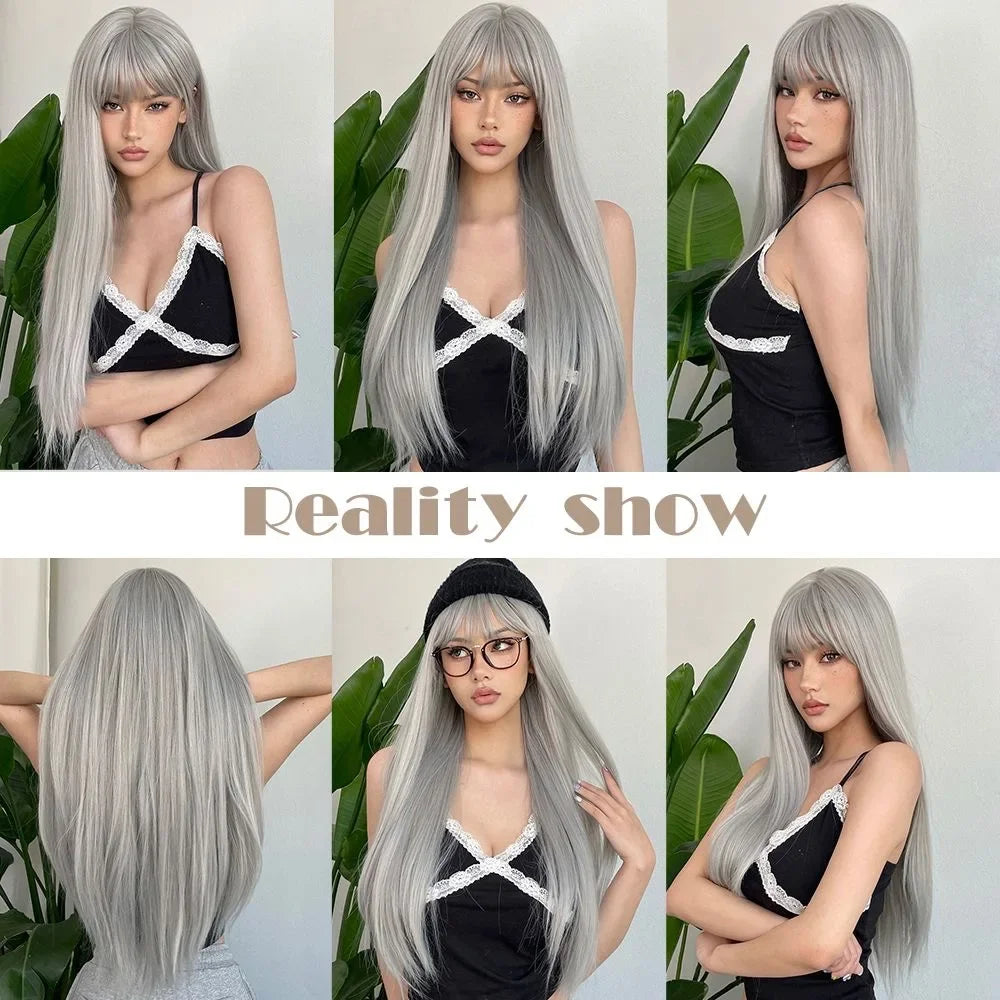 Grandma's Grey Synthetic Wig, Natural Bangs, Long Straight Hair, White Women's Daily Cosplay, Heat-Resistant Full Head Cover