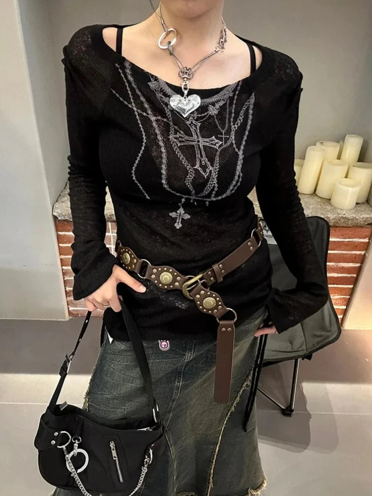 Long Sleeve Sexy Y2k T-shirt Women Tops High Neck Black Gothic Tees Cross Hollow Slimming Bottom Knitted Shirt Women Halloween
