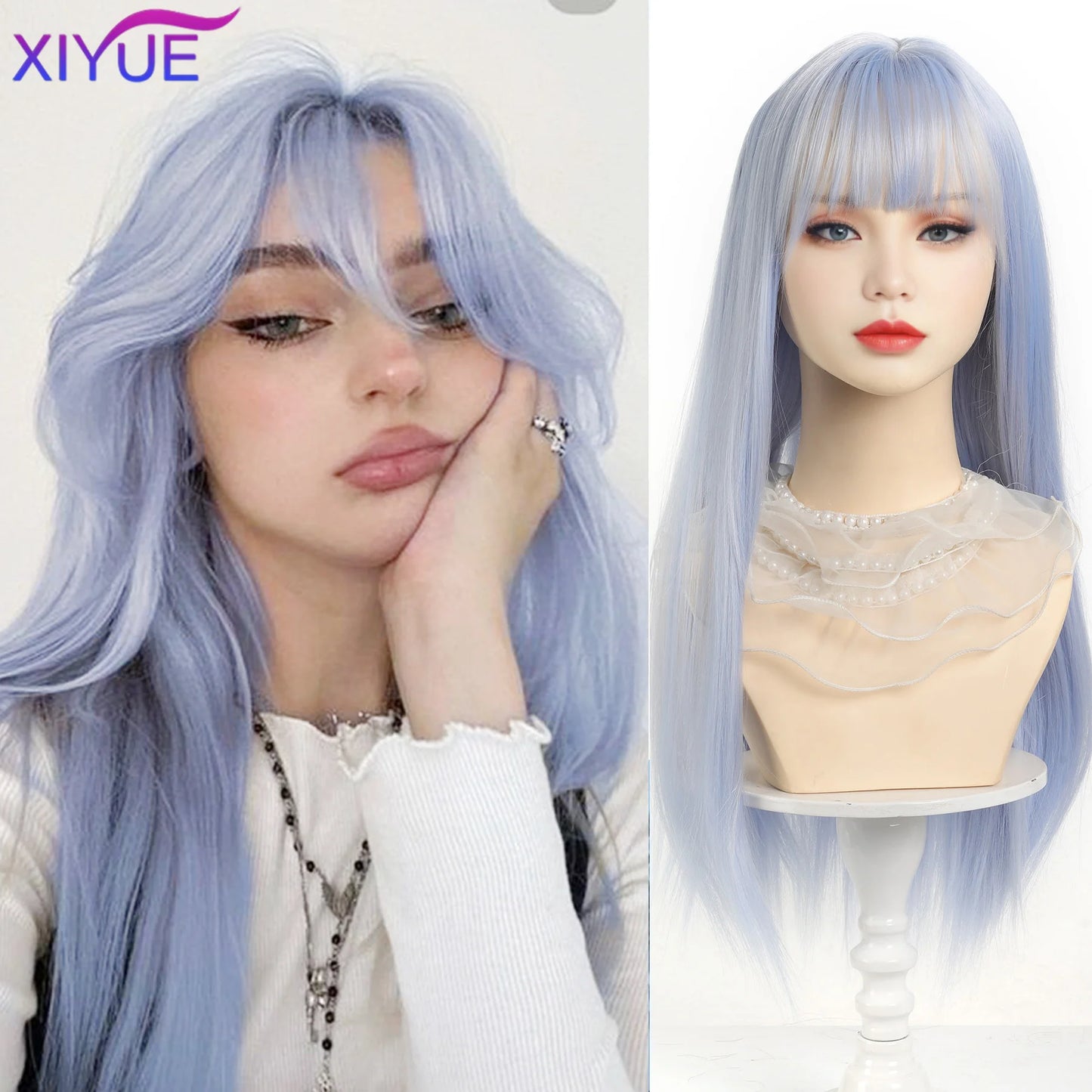 XIYUE Long Straight Black Wig With Bang Synthetic Wigs for Women Heat Resistant Natural Hair for Daily Halloween Cosplay Party