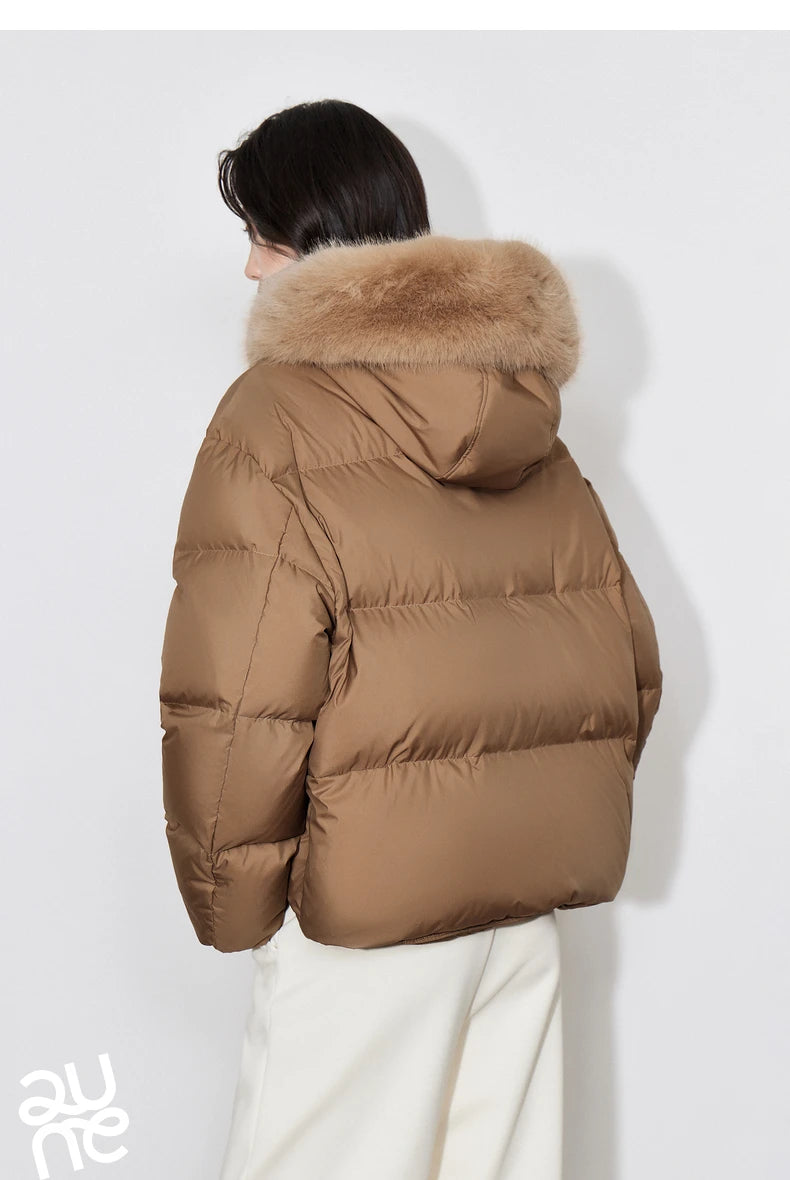 TOYOUTH Women Down Jacket 2024 Winter New 90% White Duck Down Fur Collar Hooded Warm Jacket Coat