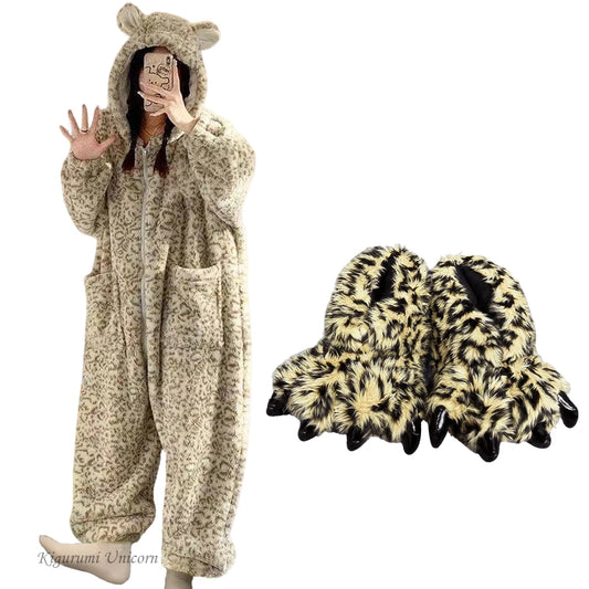 Leopard Hooded Pajamas Animal Kigurumi Unicorn Adult Onesies for Women Winter Sleepwear Flannel Pochets Overall Sets Slippers