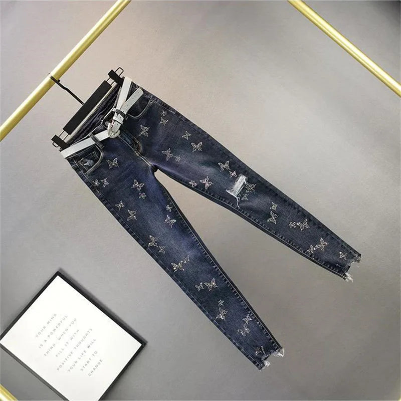 Spring Autumn 2025 New Fashion Harem Denim Pants Women's Korean Elastic Rhinestones High Waist Jeans Pencil Pants Female Trouser