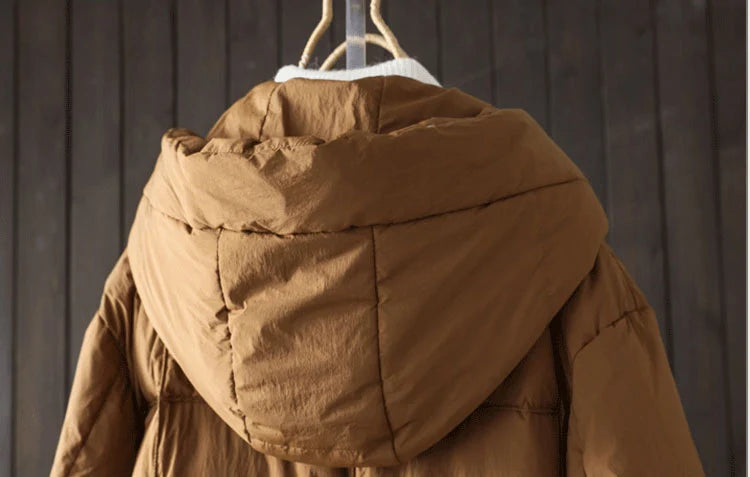 Schinteon Women White Duck Down Long Jacket Casual Loose Autumn Winter Outwear with Hood Warm Coat Big Pockets 2024 Korean Style