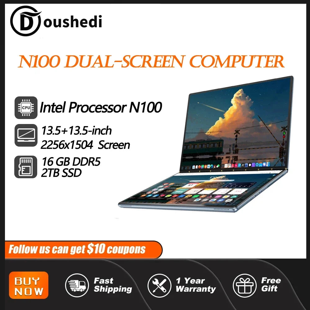2025 New Mini Dual Screen Laptop 13.5+13.5-inch N100 Dual Touch Screen 180 ° Flipped Office Leisure Entertainment 2-in-1 Notbook