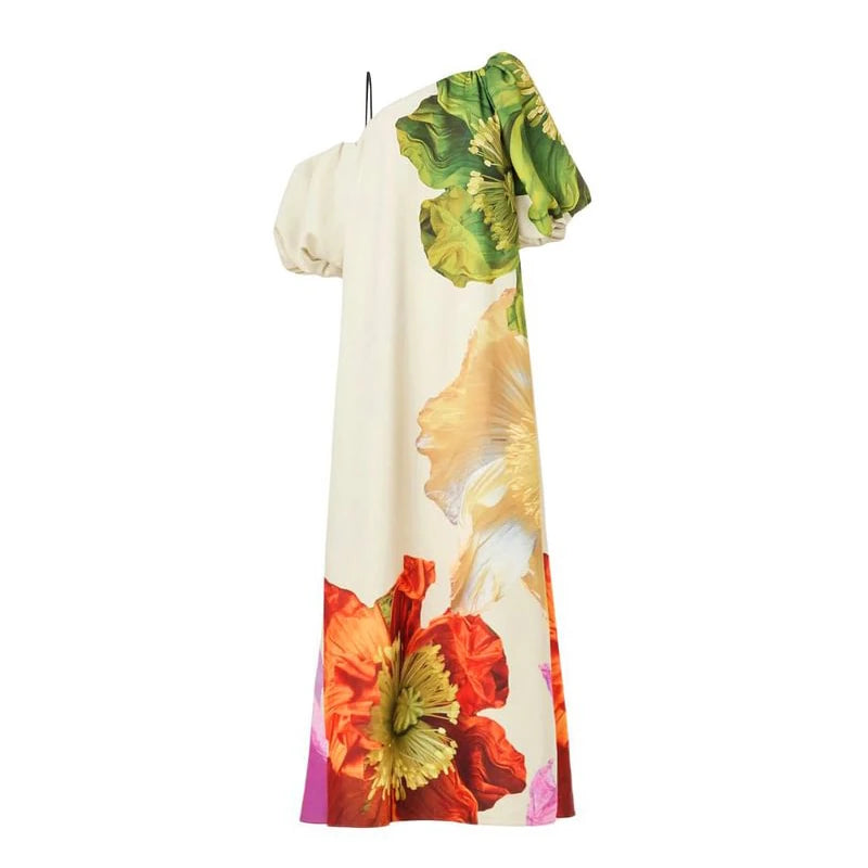 Women New Elegant Floral Printed Evening Maxi Dresses Loose One-Shoulder H-line Vacation Bohemia Dress