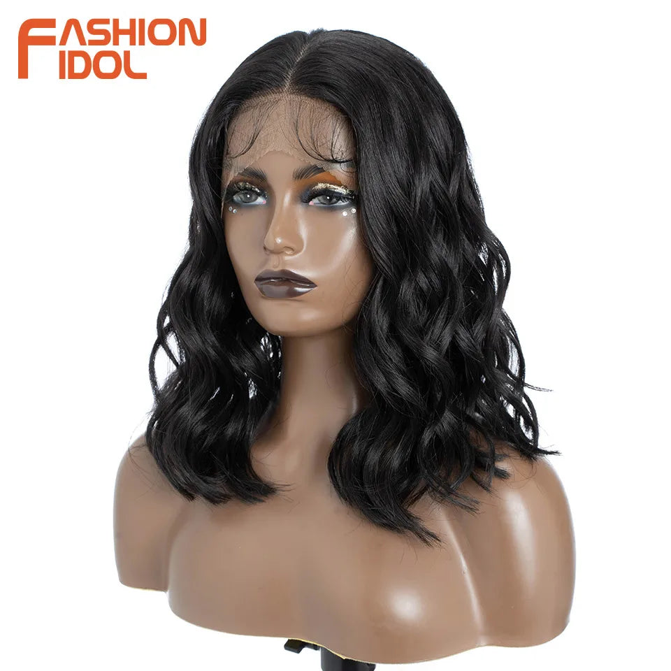 FASHION IDOL 12 Inch Bob 13x7 HD Lace Front Synthetic Wigs For Black Women Ombre Blue Heat Resistant Short Body Wave Cosplay Wig