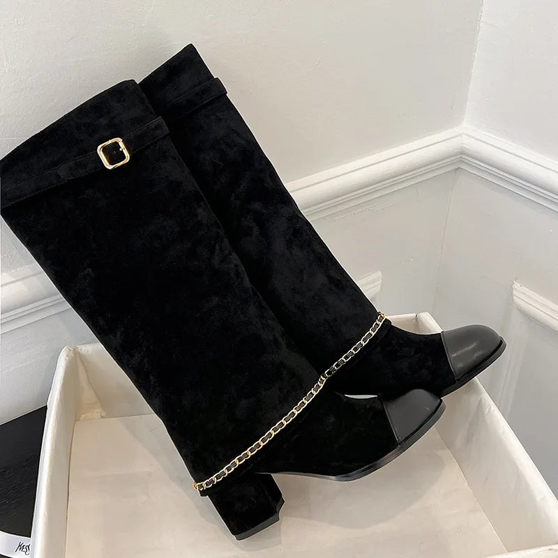 Arden Furtado 2024 Cowhide Mixed Colors Knee high boots Round toe Suede Pull-on Turned-over Edge Chunky heels Modern boots