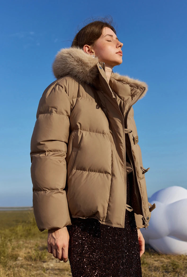 TOYOUTH Women Down Jacket 2024 Winter New 90% White Duck Down Fur Collar Hooded Warm Jacket Coat