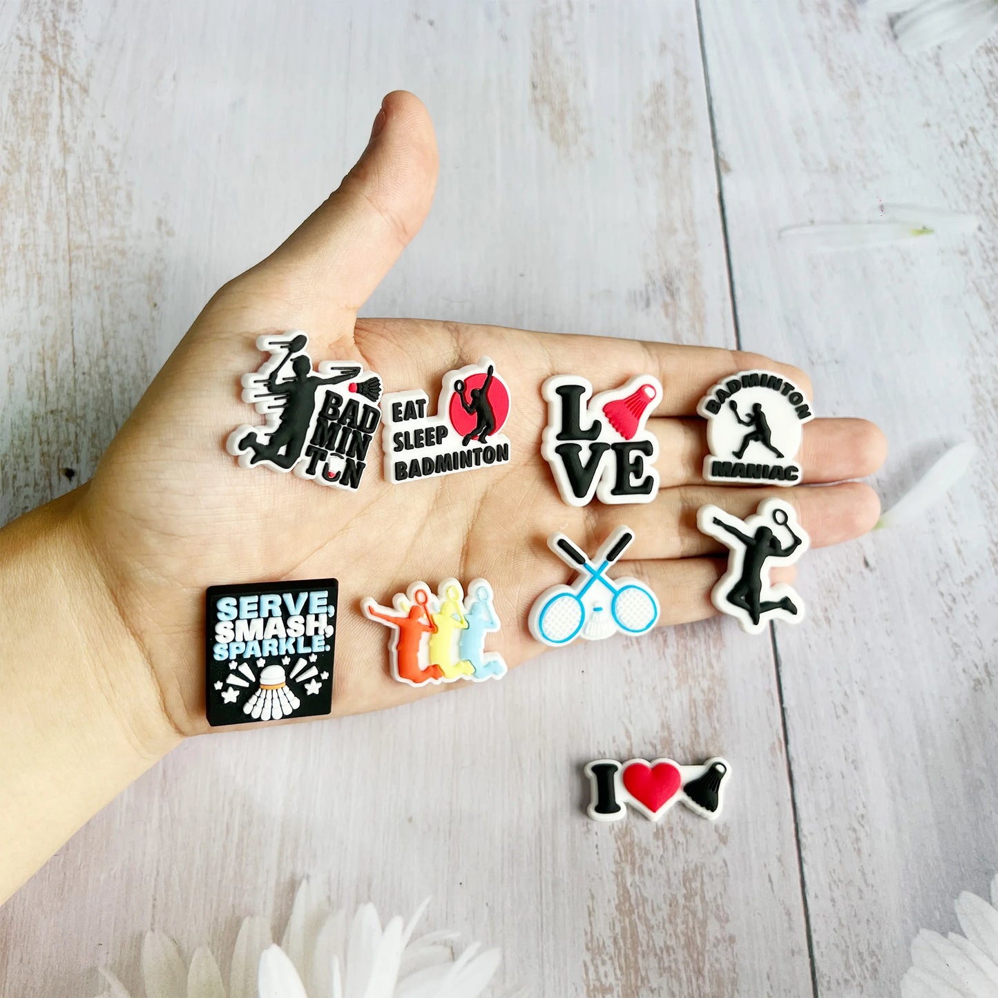 1-9PCS Sport Love Badminton Maniac PVC Shoe Charms For Clogs Pins Fit Wristbands Garden Shoes Button Decorations Kid Gift