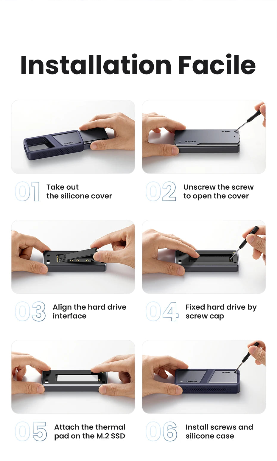 UGREEN 20Gbps NVMe SSD Case SSD Enclosure M.2 to USB3.2 Gen2x2 SSD Adapter for M.2 NVME PCIE Built-in Cooling Vest Aluminum Case