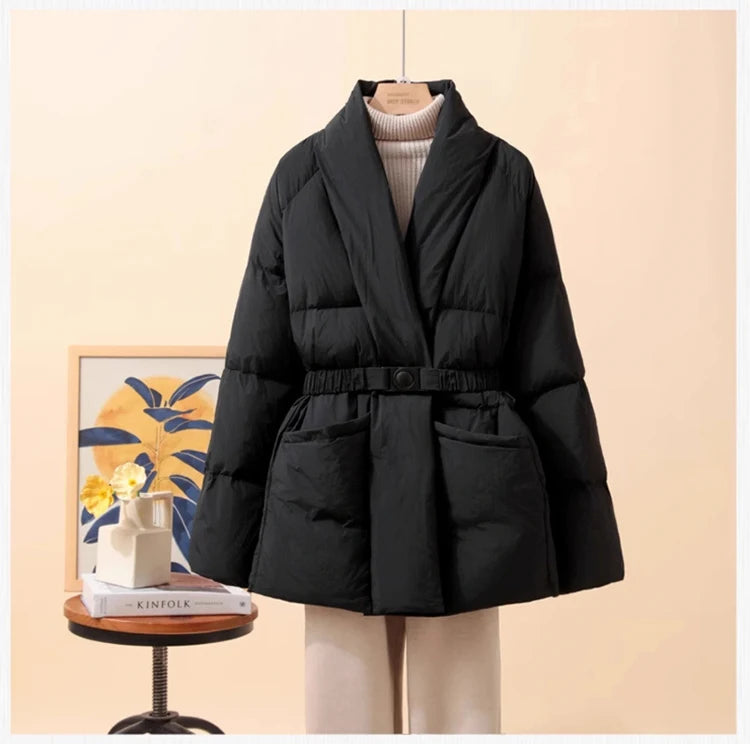 Schinteon Women White Duck Down Jacket Casual Loose Belt V-neck Collar Fashion Autumn Winter Outwear Korean Style Coat 2025 New