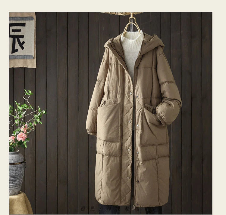 Schinteon Women White Duck Down Long Jacket Casual Loose Autumn Winter Outwear with Hood Warm Coat Big Pockets 2024 Korean Style