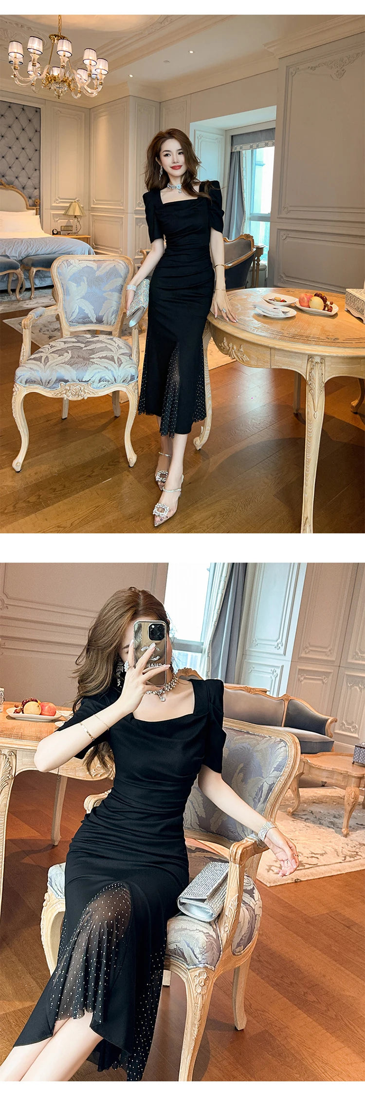 Women‘s Fashion French Retro Maxi Dress Woman Elegant Black Skinny Fishtail Robe Evening Party Vestidos Prom Banquet Gown Female