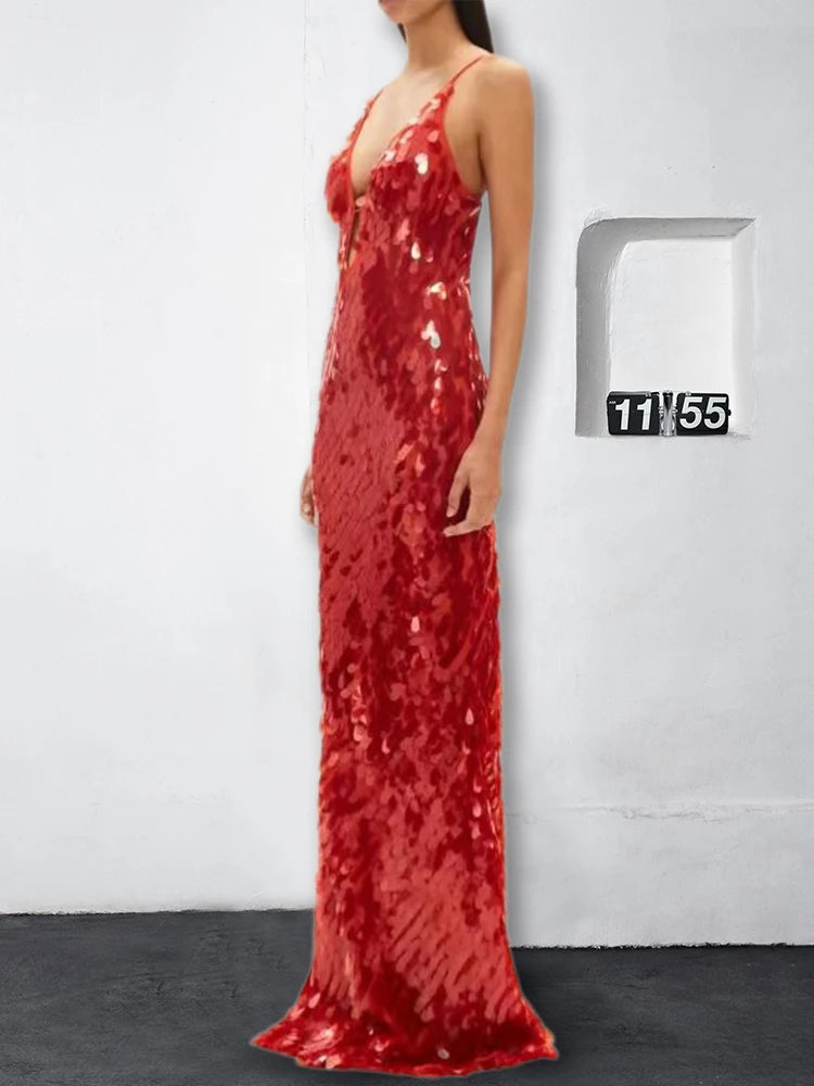 Sexy Women Maxi Dresses Elegant Sequins Sleeveless Female Long Dress Fashion  Solid Deep V Neck Ladies Party Robe Dress