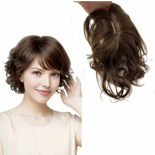Body Wavy Human Hair Toppers for Women 25cm Clip In Curly Hairpieces Extensions Increase Hair Volume Mild Brown Non-Remy