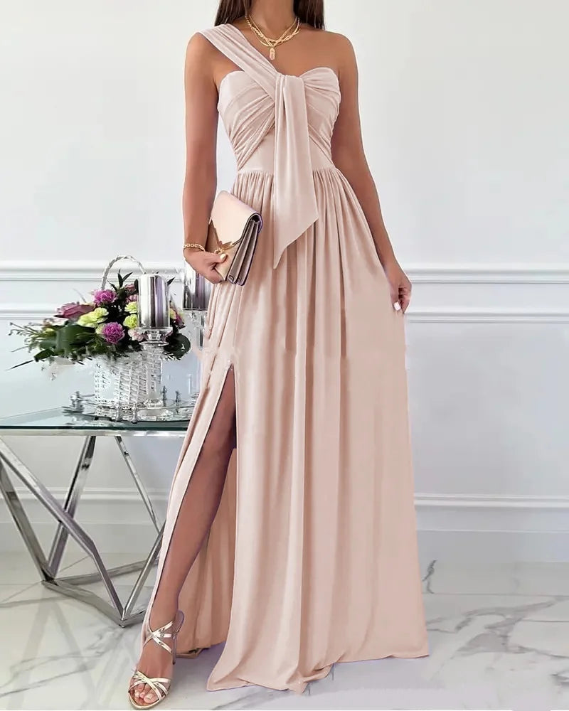 Party Long Maxi Dresses for Women Elegant One Shoulder Ruched Bandeau Evening Party Cocktail Gown Flowy Split Dress