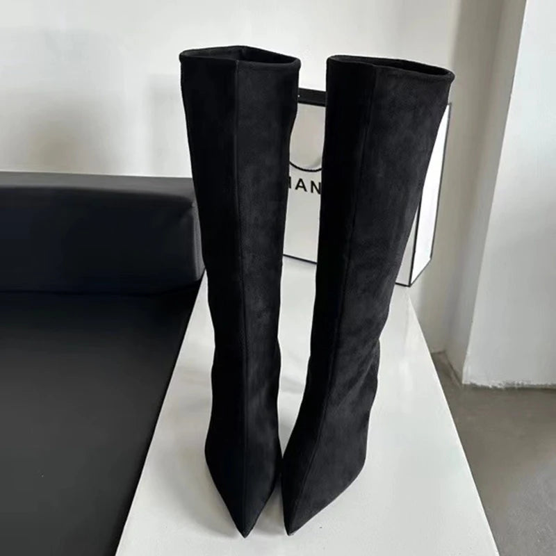 SUOJIALUN Brand Women Long Boots Fashion Pointed Toe Slip On Ladies Elegant Knee-high Boots Thin High heel Outdoor Dress Pumps