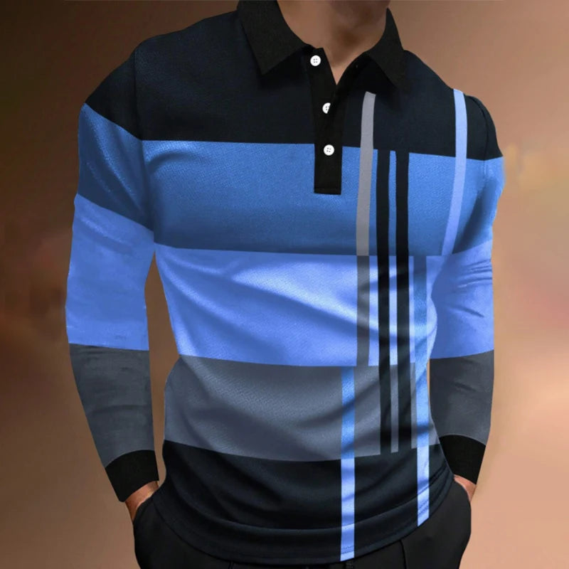 New Men Clothes Spring Autumn Long Sleeve 3D Digital Print Spell Color Polo Shirt Men Slim Fit Lapel Golf Polo Shirt Tops