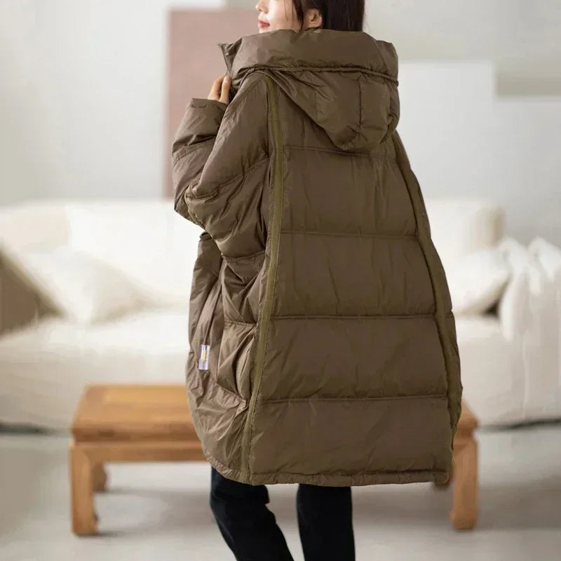 2024 New Winter Women 90% White Duck Down Jacket Casual Loose Over Size Warm Parka Female Drawstring Hooded Puffer Coat