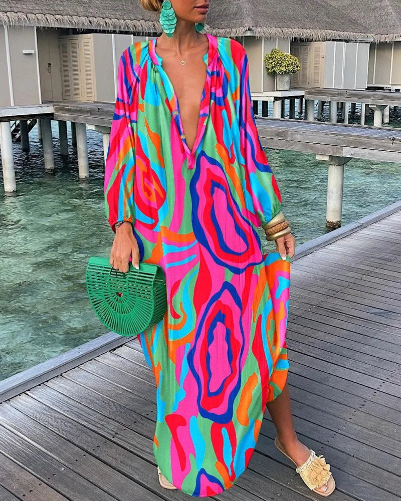 Women Maxi Dresses Summer Long Sleeve V-Neck Dress Fashion Printed Female Vacation Beach Long Dress Lady Elegant Loose  Robes