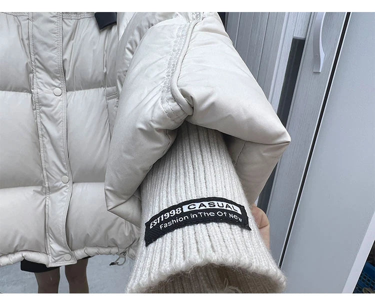 Schinteon Women White Duck Down Jacket with Hood Autumn Winter Warm Outwear Korean Style Over Size Loose Solid Color Coat 2025