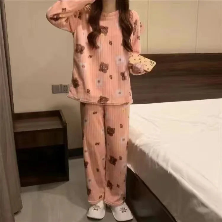 2022 Autumn Winter Warm Flannel Women Pyjamas Sets Thick Coral Velvet Long Sleeve Cartoon Sleepwear Thin Flannel Pajamas Set