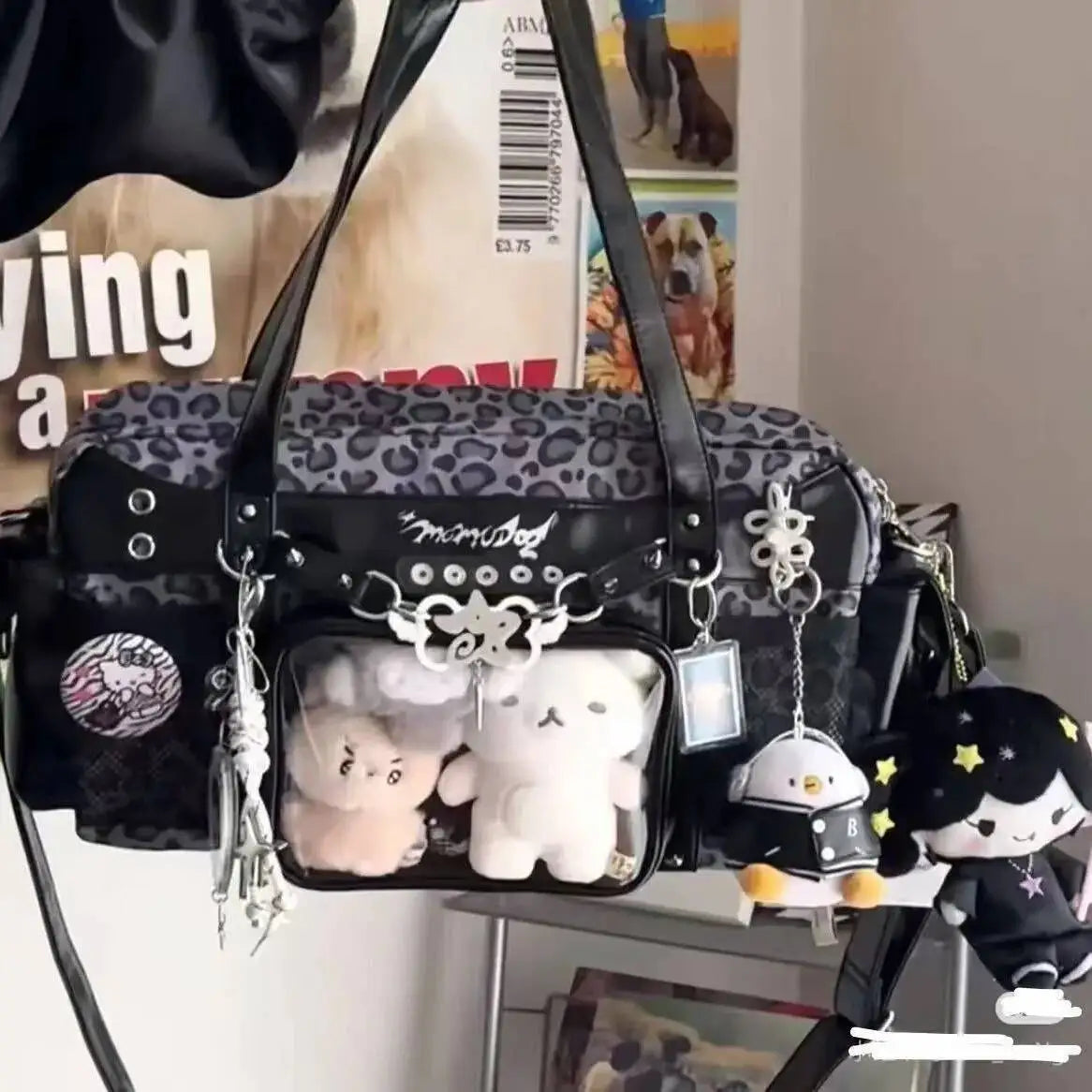 New Y2k Leopard Ita Shoulder Bag Lolita Girls Transparent Tote Bag Womens Large Capacity Crossbody Bag Cute DIY Display Handbags