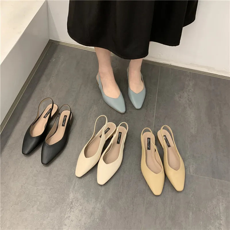 Elegant Slingback Flat Sandals Women Solid Leather Pointed Toe Shoes Summer Ladies Rear Strap Sandalias Low Heel Mary Janes 2025