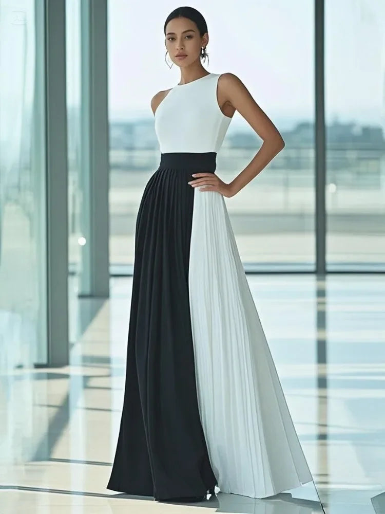 Missuoo 2025 Elegant Evening Dress for Women High Neck Sleeveless Pleated Maxi Dress Contrast Color High Waist Wedding Dresses