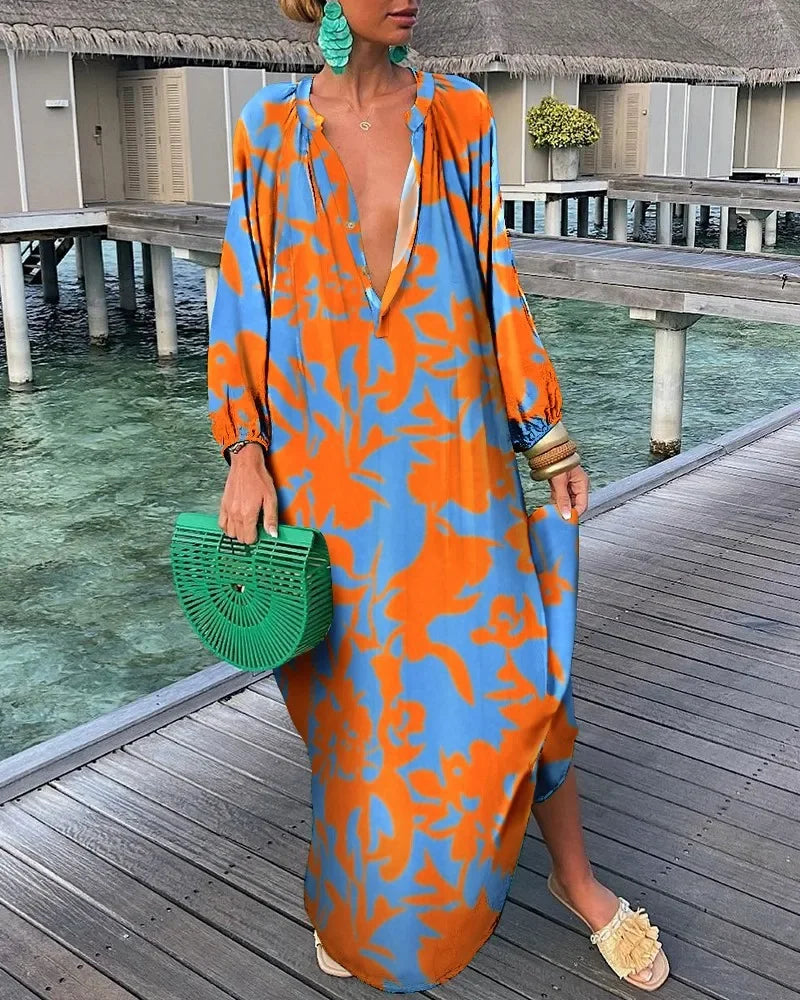 Women Maxi Dresses Summer Long Sleeve V-Neck Dress Fashion Printed Female Vacation Beach Long Dress Lady Elegant Loose  Robes