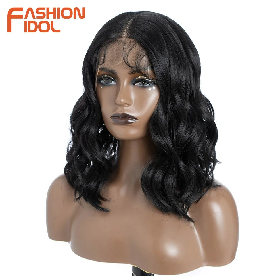 FASHION IDOL 12 Inch Bob 13x7 HD Lace Front Synthetic Wigs For Black Women Ombre Blue Heat Resistant Short Body Wave Cosplay Wig