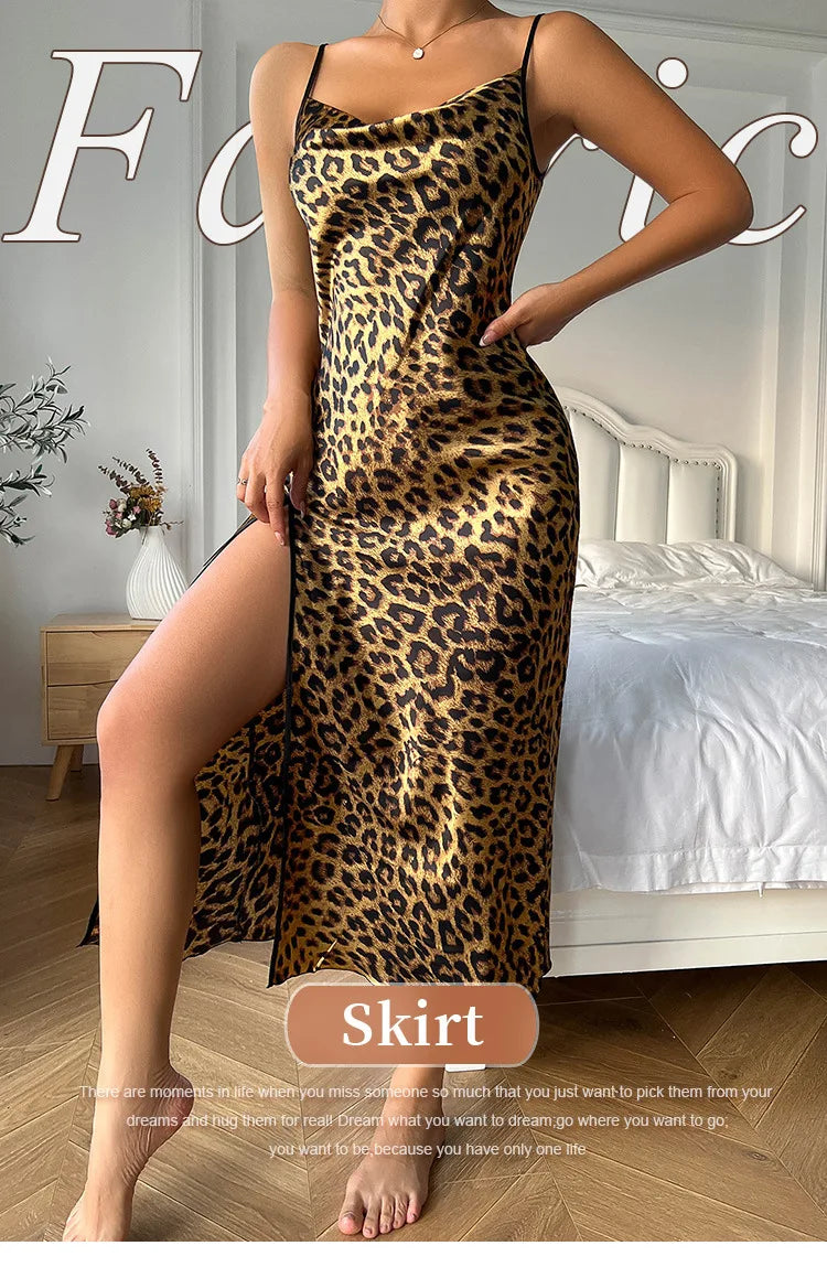 Fashion Backless Slit Ice Silk Camisole Skirt Nightgown Women's Summer Thin Breathable Imitation Silk Sexy Leopard Print Pajamas