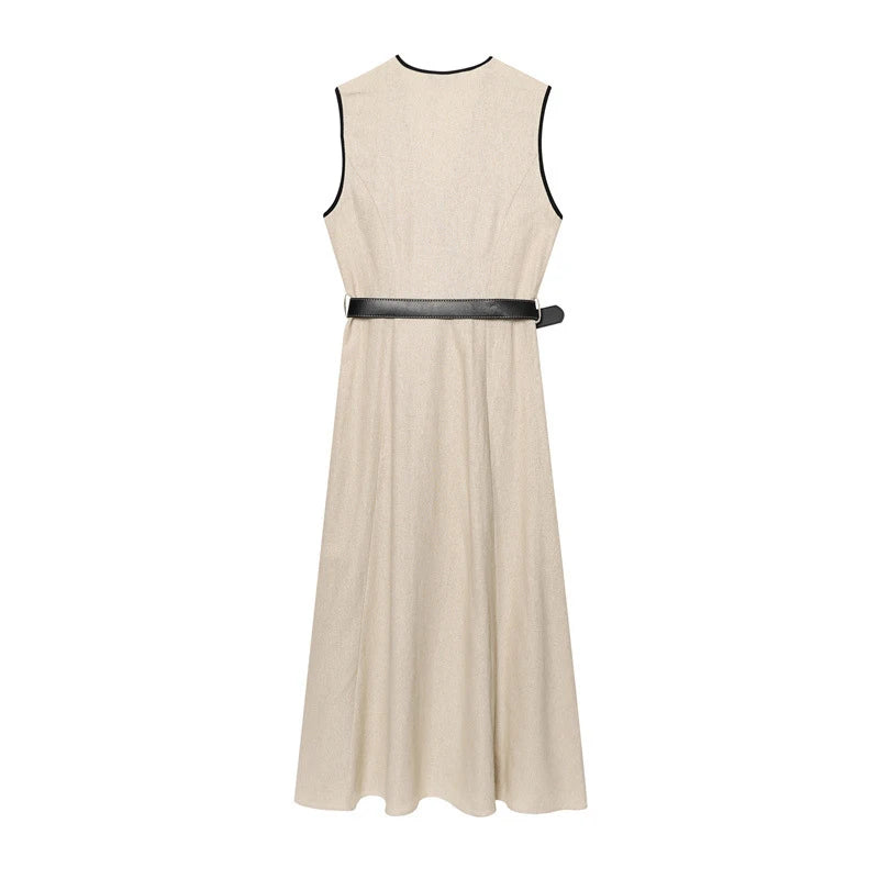 Y2K Patchwork V-neck Midi Dress With Belt Women Elegant Sleeveless Evening Party Tank Dress Summer Vacation Chic Beach Vestidos