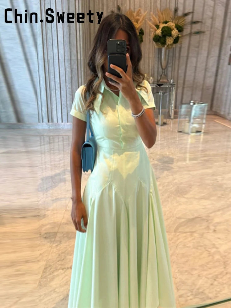 Elegant Single Breasted Khaki Long Dress Women Lapel Short Sleeve Pleat Slim Waist A-line Dresses 2025 Summer Autumn Lady Robes