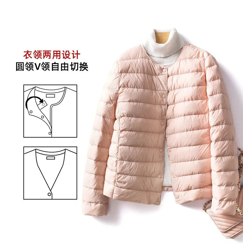 Light Down Coat Women Liner Duck Down Jacket O-neck Variable V-neck New Female Winter Collarless Ultralight Quilted Puffer Coat