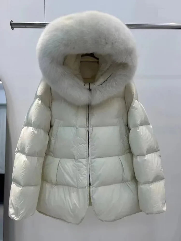Schinteon Women 100% Real Fox Fur Collar White Duck Down Jacket with Hood Autumn Winter Warm Casual A-lined Warm Outwear Cape