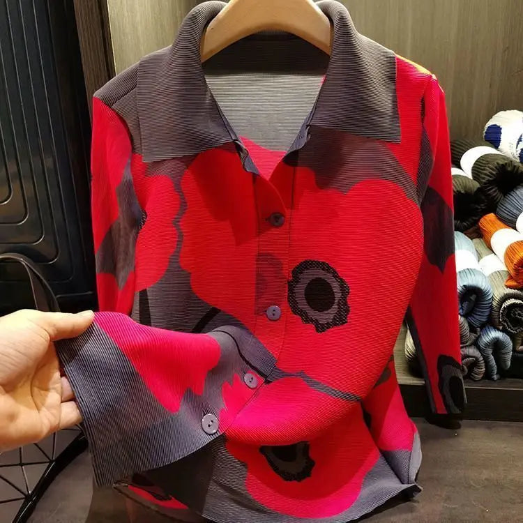 High end lapel print single breasted three bedroom top for women in spring, new loose  long sleeved pleated shirt jacket