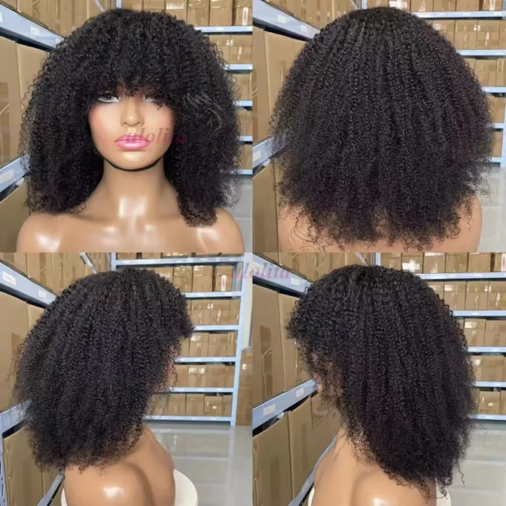 Super Double DrawnAfro Kinky Curly 100% Human Hair 16 Inch Full Machine Wig For Black Women Brazilian Virgin Hair Remy Hair Soft