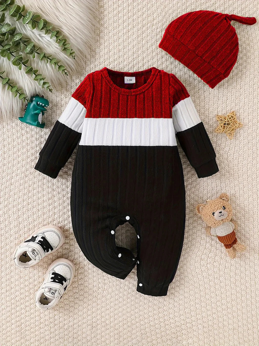 3 Colours Autumn Bodysuits Newborn Baby Boy Long Sleeve Colour Block Romper+Hat Simple Onesie Jumpsuit for Toddlers 1-18Months
