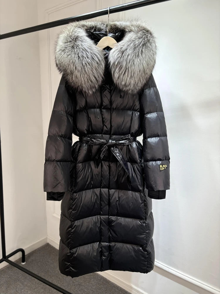 Janveny X-long Shiny Puffer Jacket Women Hooded Winter Thick Goose Down Coat Belt Large Natural Fox Fur Female Parkas Waterproof