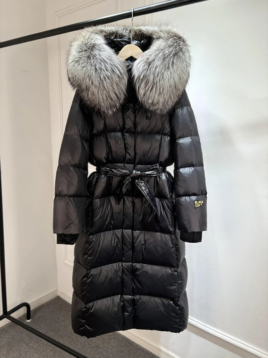 Janveny X-long Shiny Puffer Jacket Women Hooded Winter Thick Goose Down Coat Belt Large Natural Fox Fur Female Parkas Waterproof