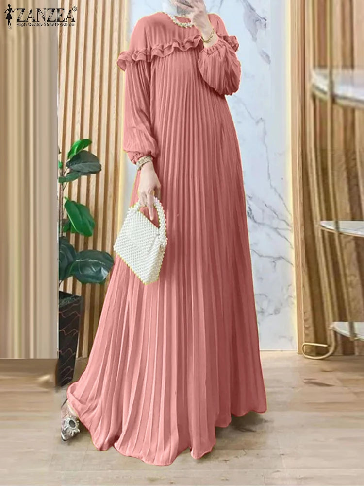 Elegant Autumn Maxi Dresses 2025 ZANZEA Women Fashion Long Sleeve Pleated Party Sundress IsIamic Robe Muslim Abaya Hijab Dress