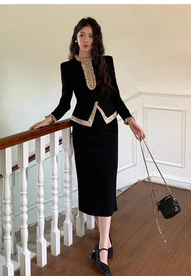 Women Clothes Black Vintage Outfits Elegant Ruffle O-Neck Tops Shirt Blouse And High Waist Midi Skirt Mujer 2 Pieces Set Formal