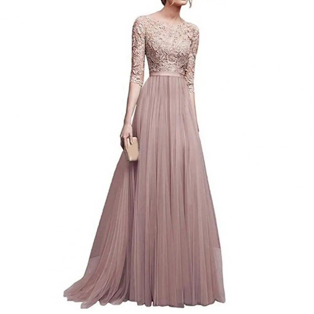 Women Maxi Dress Elegant Lace Flower Embroidered Maxi Evening Dress for Women Round Neck Half Sleeve Tight Waist Floor Length