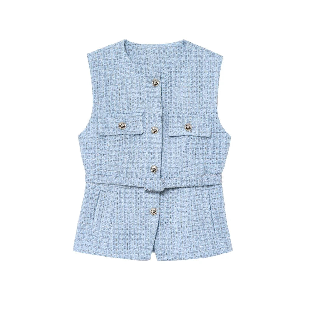 Women's Tweed Waistcoat with Belt, O Neck, Sleeveless, Front Button, Female Outerwear, Chic Tops, Fashion