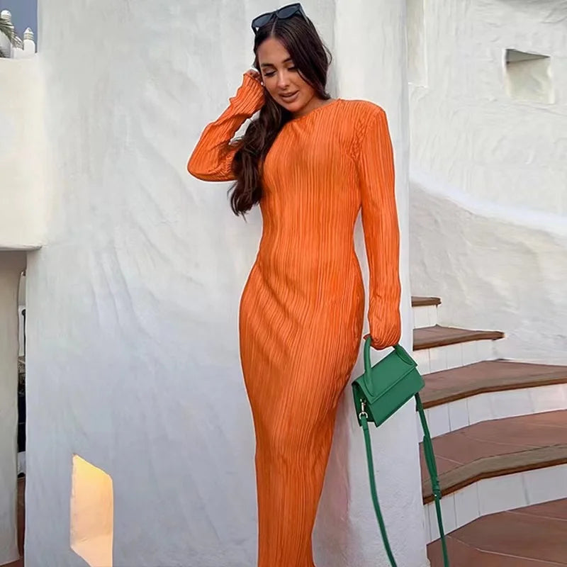 2024 Autumn Elegant Bodycon Dress Women Sexy Solid O Neck Flare Sleeves Long Summer Dresses Holiday Vestidos Black Red Orange